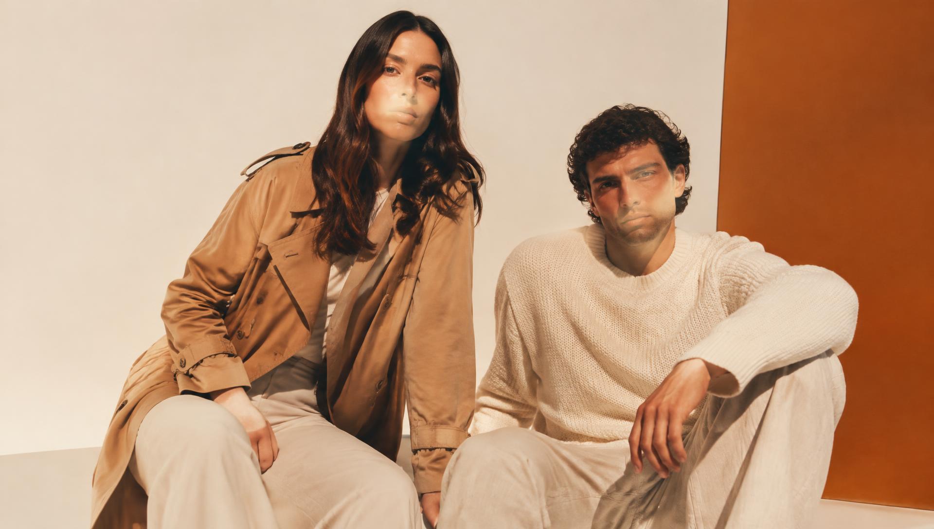 Two models in a camel trench and cream knitwear